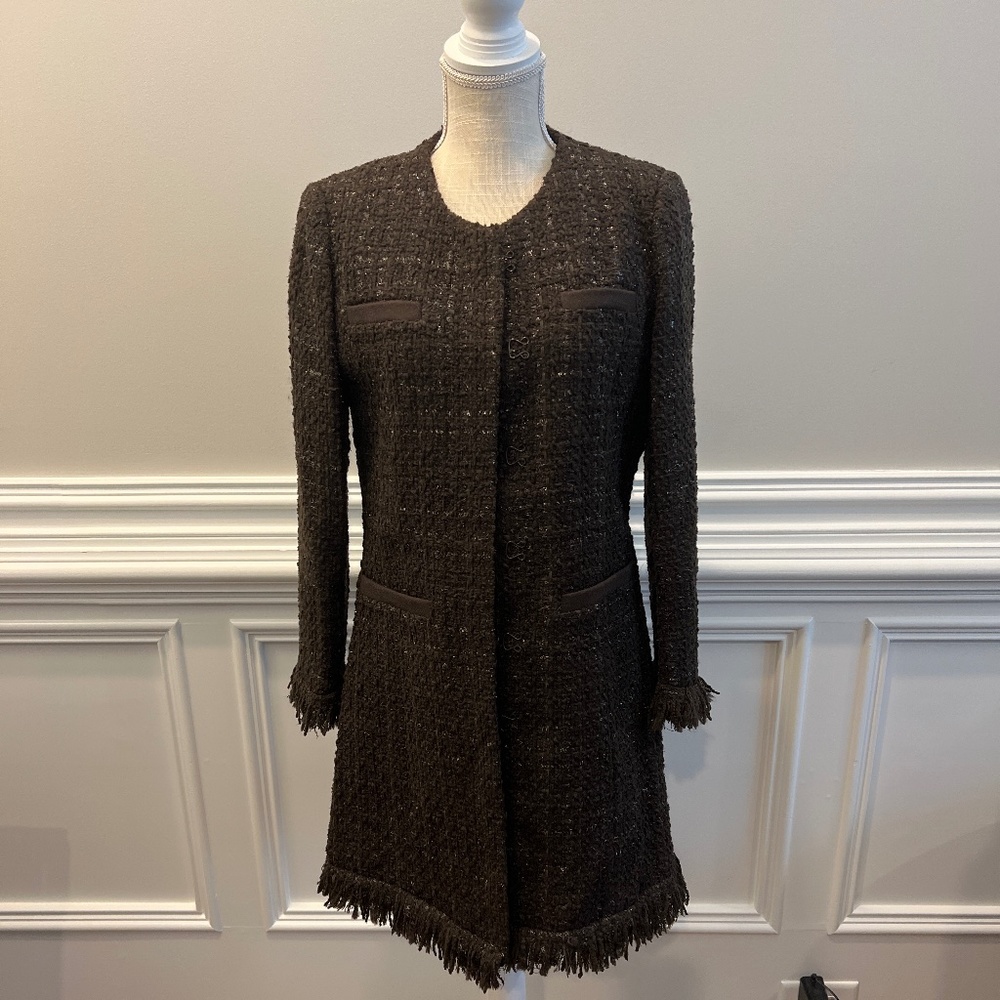 Vertigo Paris Tweed Boucle Fringe Dark Brown Wool Blend Coat Size S